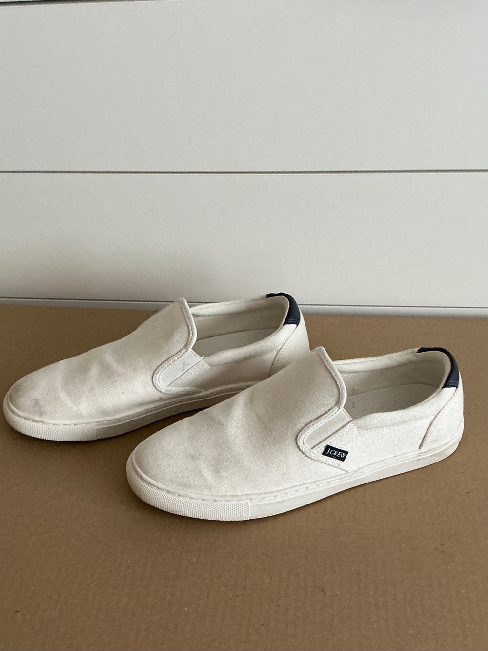 Men's J. Crew Cream Canvas Slip-Ons with Navy Heel Tab - Size 9